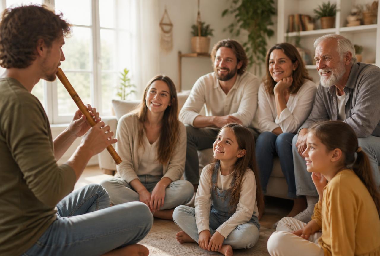 Pessoa tocando flauta doce para amigos e familiares